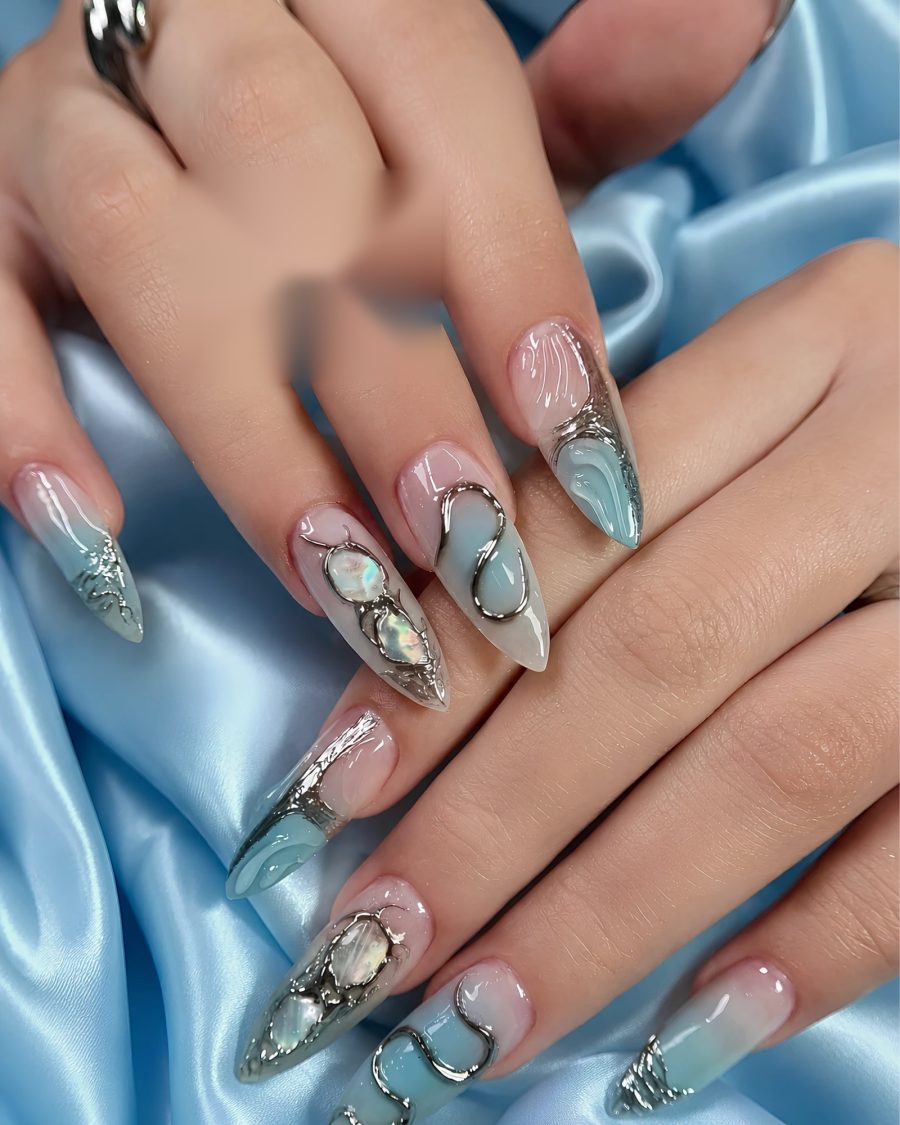 Nail xanh ngọc viền bạc